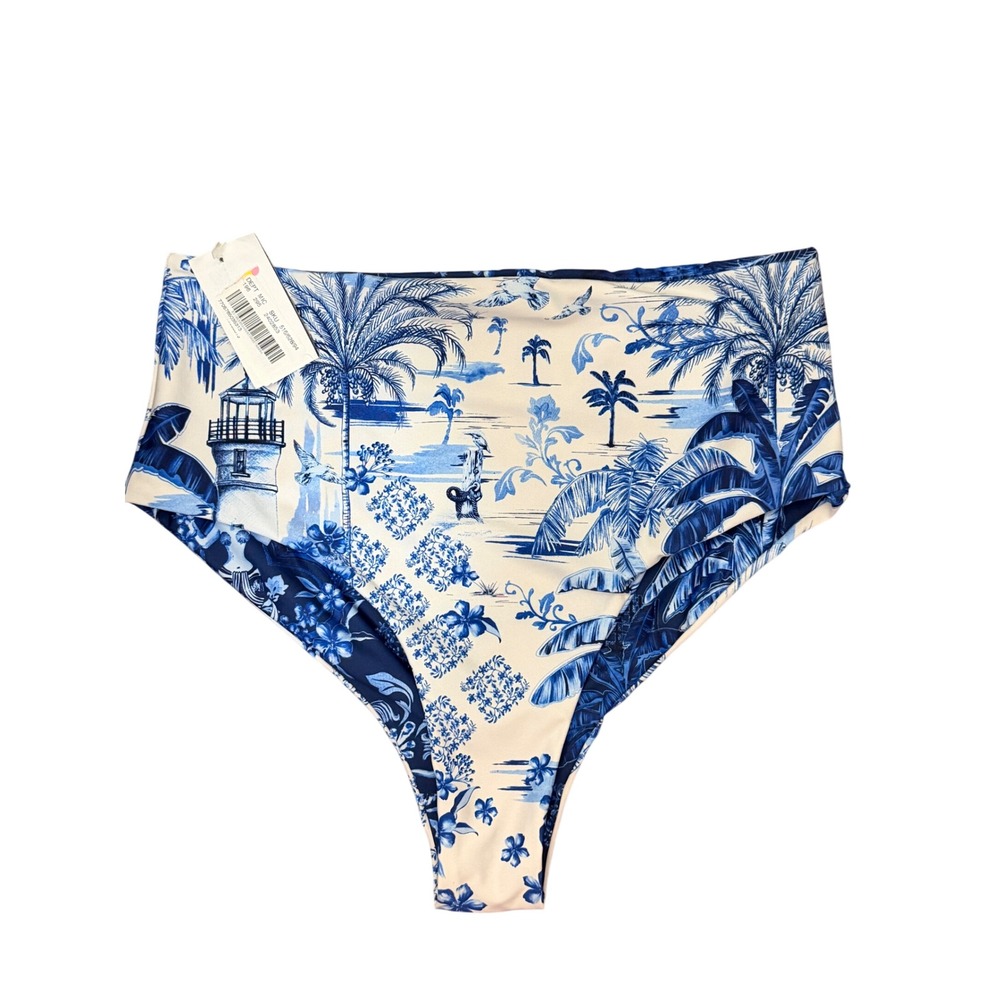 Agua Bendita Womens High Waist Bikini Bottom Blue White Tropical Toile Print